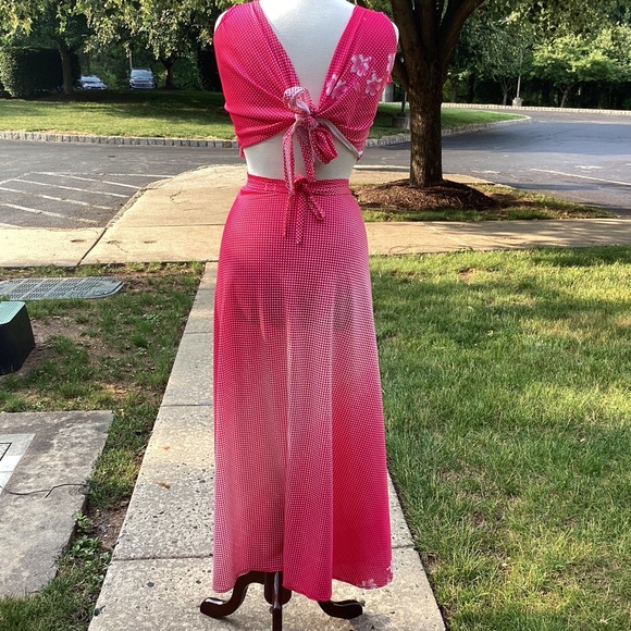 Handmade two piece swim beach dress pink polka dot and tropical flowers one size - Picture 5 of 9